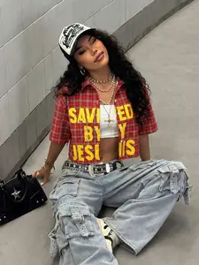 Women's Plaid Button Short Sleeve Cropped Polo Shirt, Casual College Street Style, Loose-Fitting Summer Outerwear, Cool Letter Design