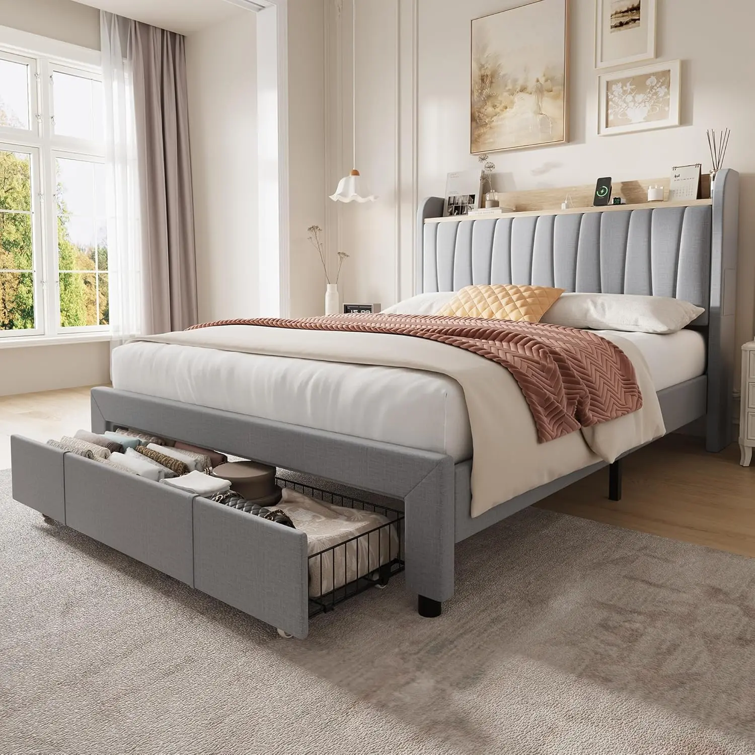 Garvee Twin XL Bed Frame with Upholstered Headboard, Platform Design Featuring Storage Headboard, Metal Drawers, Wooden Slats, and Built-in Charging Station - Sturdy and Stylish for Bedroom Use