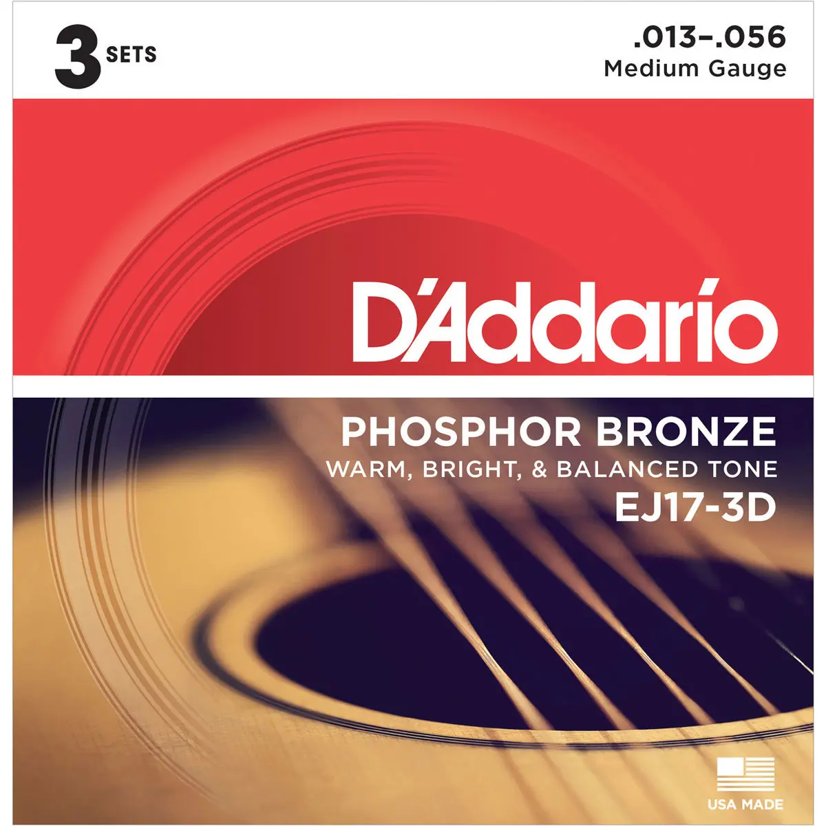 D'Addario EJ17 Phosphor Bronze Acoustic Guitar Strings Set, Medium, 13-56 Gauge, 3-Pack