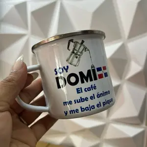 Tazita Cafetera Orgullo Dominicano 11 oz Metal Esmalte High-Quality Enamel Mug with Vibrant Dominican Flag & Country House Design for Hot or Cold Beverages