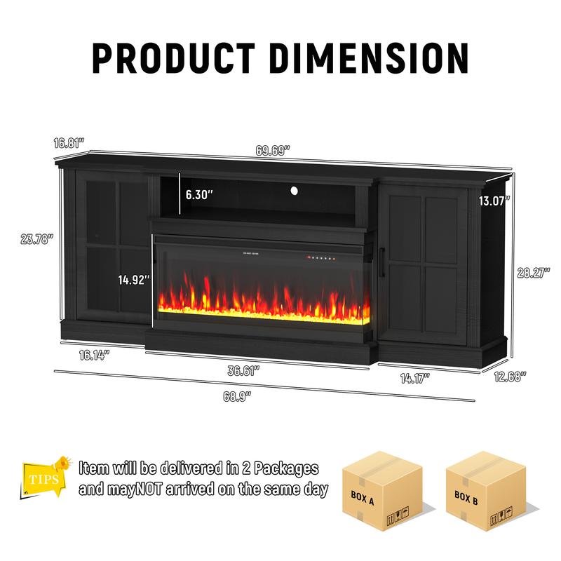 Spurgehom 3-Sided Fireplace TV Stand, 70" Farmhouse Highboy Entertainment Center with 34" Electric Fireplace & LED Lights - Media Console Table for Living Room, Fits TVs Up to 80 Inches Spurgehom 3-Sided Fireplace TV Stand, 70" Farmhouse Highboy Entertainment Center with 34" Electric Fireplace & LED Lights - Media Console Table for Living Room, Fits TVs Up to 80 Inches