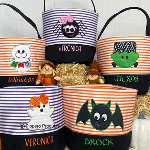 Personalized Embroidered Halloween Trick or Treat Bag for Kids – Custom Candy Tote Bucket with Striped Applique Character Design