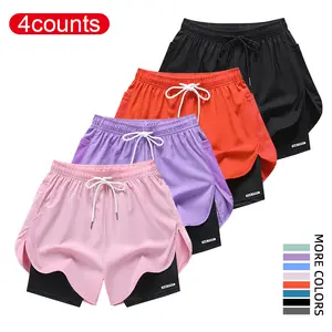 4 pack women’s casual sports pants featuring a double-layer design, solid color, inner lining, elastic drawstring waistband, and pockets on both sides. Suitable for outdoor workouts, running, sports, and everyday wear; women’s shorts.#SummerVibes