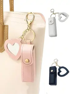 Heart-Shaped Mirror Lipstick Keychain Holder, Portable Pocket Makeup Stand, Travel Accessory, Gift for Family and Friends, Trendy Cute Keychain
