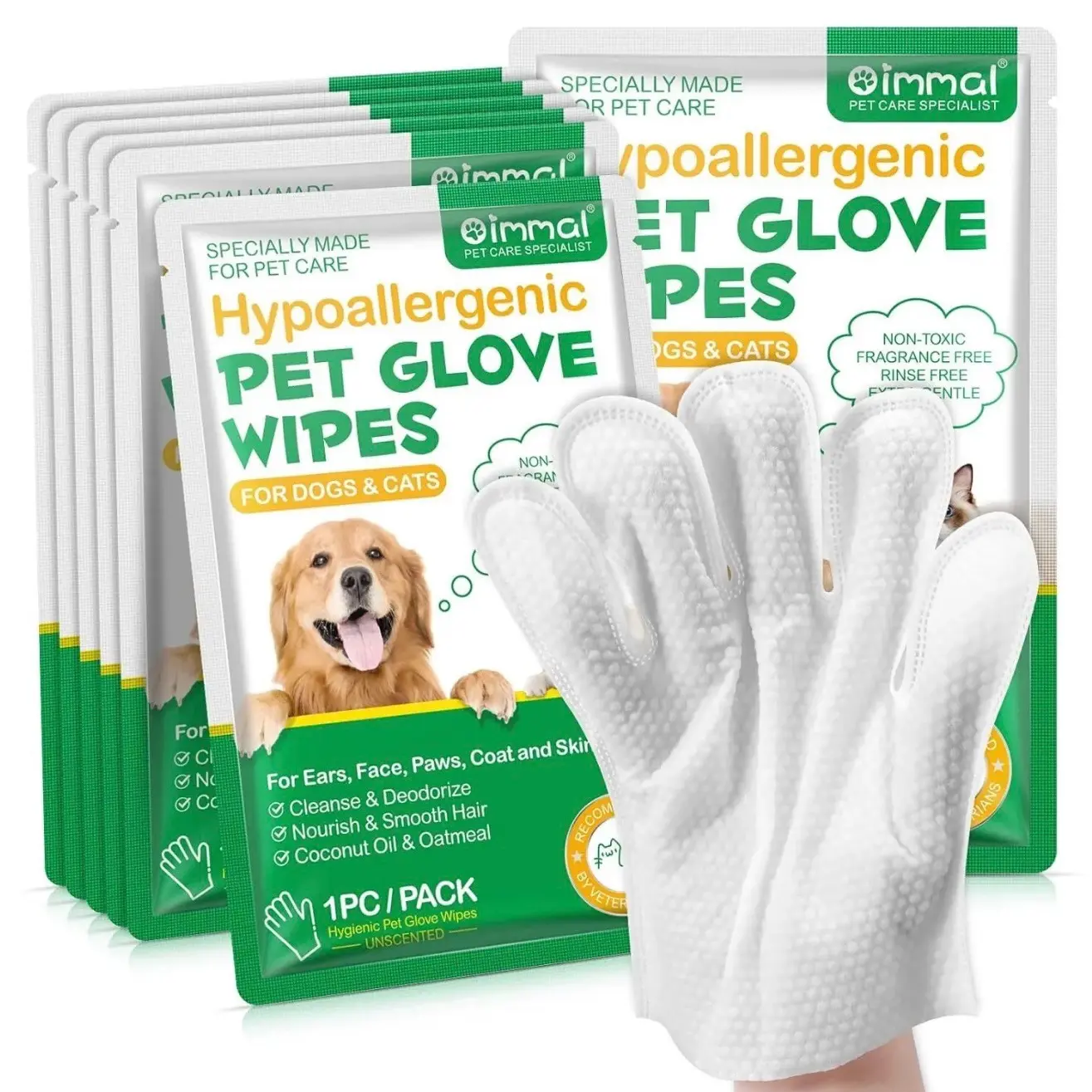 6PC Natural Hypoallergenic Pet Grooming Wipes & Glove - Cleansing, Deodorizing Supplies for Dogs and Cats