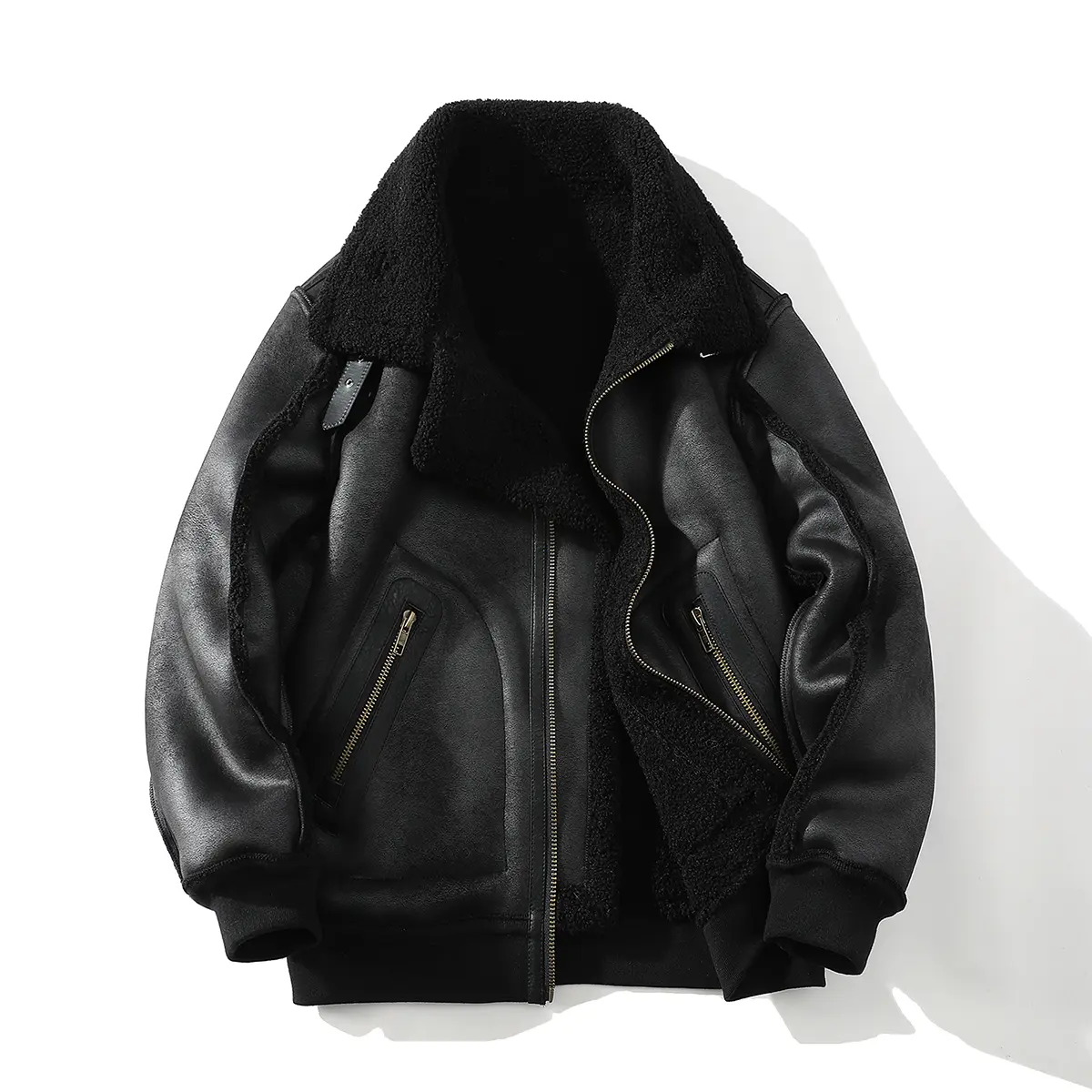Winter Black Men's Faux Suede Outdoor Jacket - Handmade, Limited Edition, Faux Shearling-Like, Thickened & Fleece-Lined Outerwear