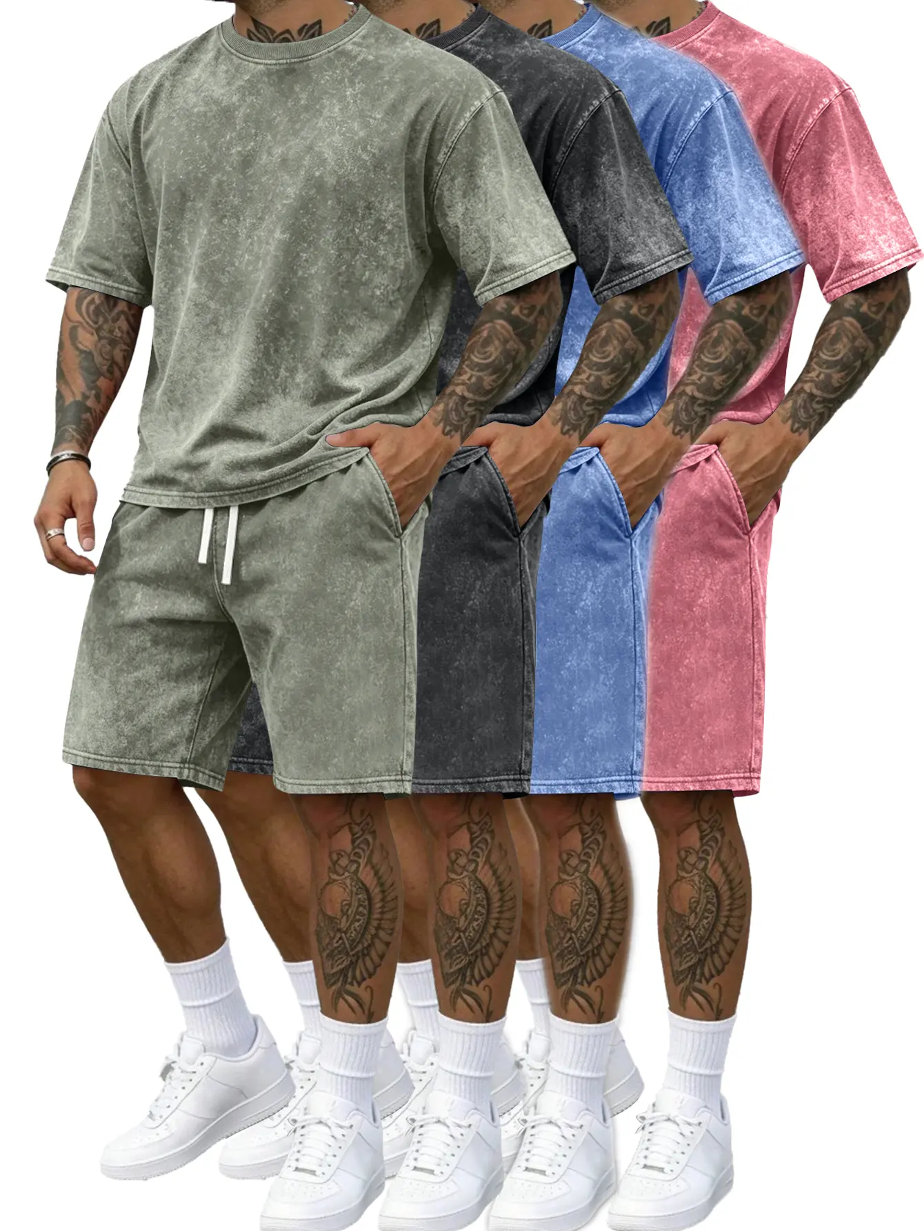 Men's Snowflake Dyed & Washed Loose Short-Sleeve T-Shirt & Elastic-Waist Shorts Set, Menswear Summer Casual Street Style Sports Outfit, 2-Piece/4-Piece Options for Hiking, Camping