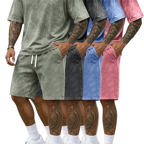 Men's 2-Piece Prewashed Cotton Casual Clothing Set - Loose-Fit Crewneck Short-Sleeve Skull Skeleton Graphic Knit Medium Top, Elastic Waist Over-the-Knee Shorts, Retro 2000s Style, Machine Washable