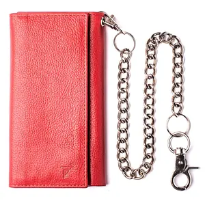 Trifold Red Leather Wallet with Chain – Checkbook Style