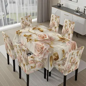 5/7-piece 2D Flat Printing Happy Spring Pink and Gold Roses Printing Pattern Tablecloth and Chair Cover Set, for dining table and chair decoration, perfect for home, holiday gatherings, restaurants, and parties.