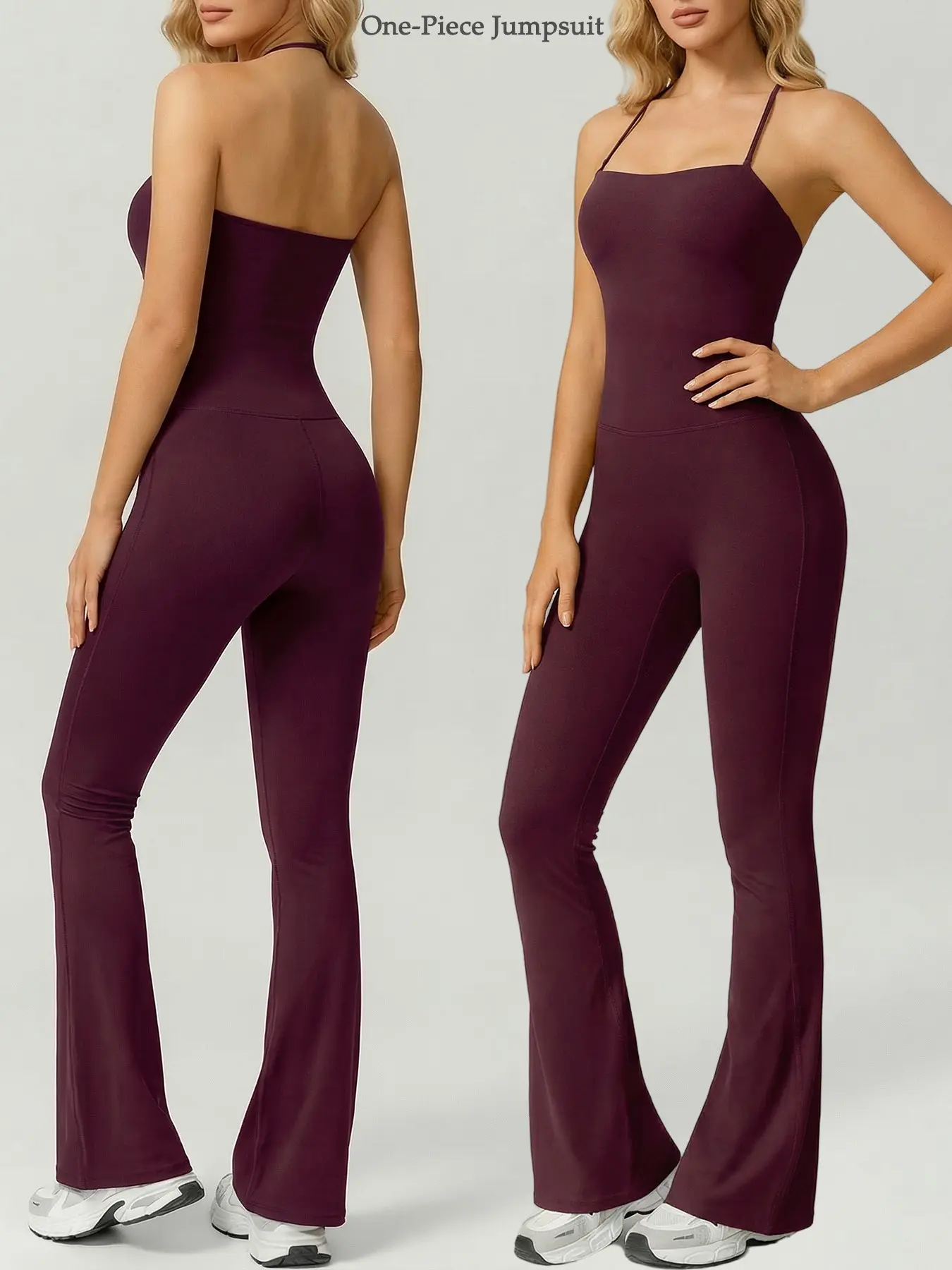 Women's All-Season One-Piece Loungewear, Lounge Jumpsuit, High Elasticity Jumpsuit, Sleeveless Bodysuit Adjustable Spaghetti Straps Bodycon Flared Pants High-Stretch Open Back Yoga Outfit Vacation Travel Wear Solid Color Casual Slim Fit Sleepwear