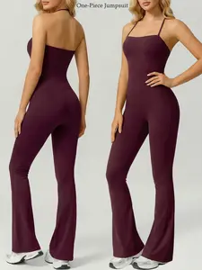 Women's All-Season One-Piece Loungewear Sleeveless Bodysuit Adjustable Spaghetti Straps Bodycon Flared Pants Comfortable High-Stretch Open Back Yoga Outfit Ideal for Vacation Travel Wear Layering Basic Solid Color Casual Slim Fit Sexy Sleepwear