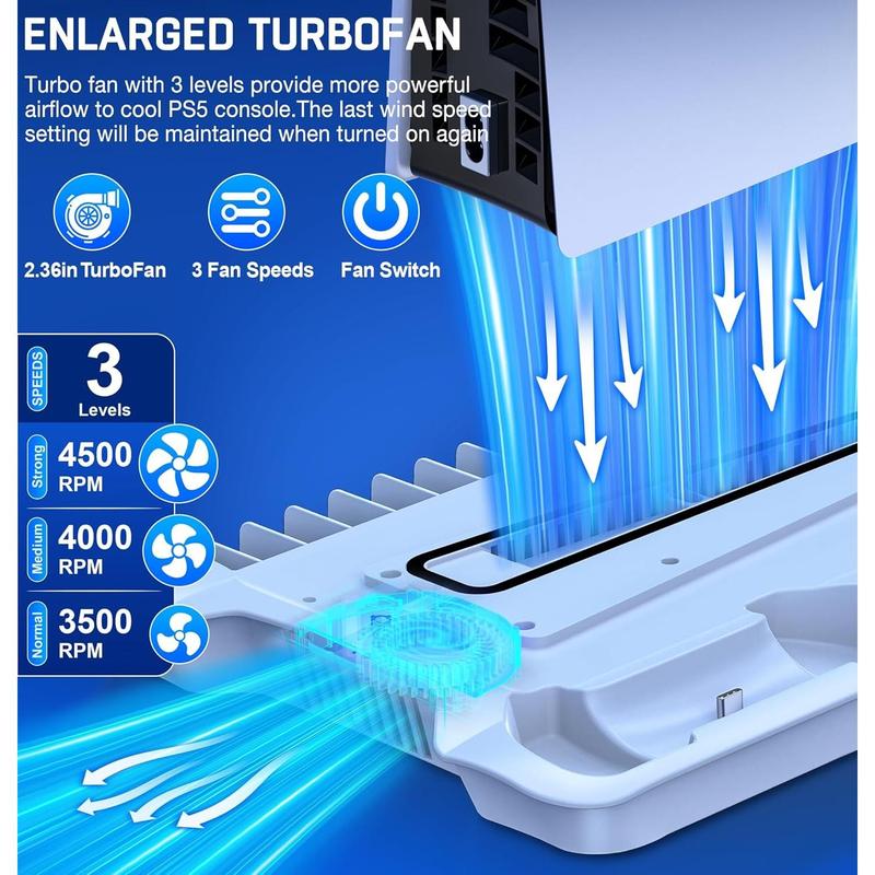 ESYWEN PS5 Pro/Slim Stand & Cooling Station with Controller Charging for PlayStation 5 Disc Digital Console, 3 Levels Fan, 13 Game Slots, 3 USB Hub, Headset Holder, Wearable