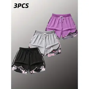 Plus Size - 3pcs - Plus Size Women'S Shorts, Double-layer Fake Two Piece Camouflage Pattern, Breathable Quick Drying Pants, Women'S Shorts With Adjustable Drawstring Waist - Lightweight Fitness, Side Design, Non See Through Casual Wear, Activewear, Sports