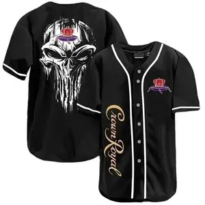 Stylish Black Skull Design Short Sleeve Jersey with Crown Royal Embroidery for Casual Wear Baseball Jersey