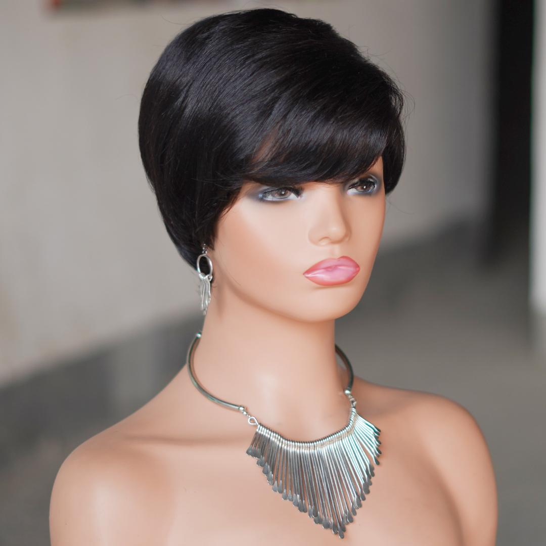 Short Pixie Cut Wig With Bangs, Glueless 180% Density Brazilian Virgin Human Hair, 6 Inch 1B Natural Black Mixed Blonde, Machine Made Wig Caps For Daily & New Year Wear