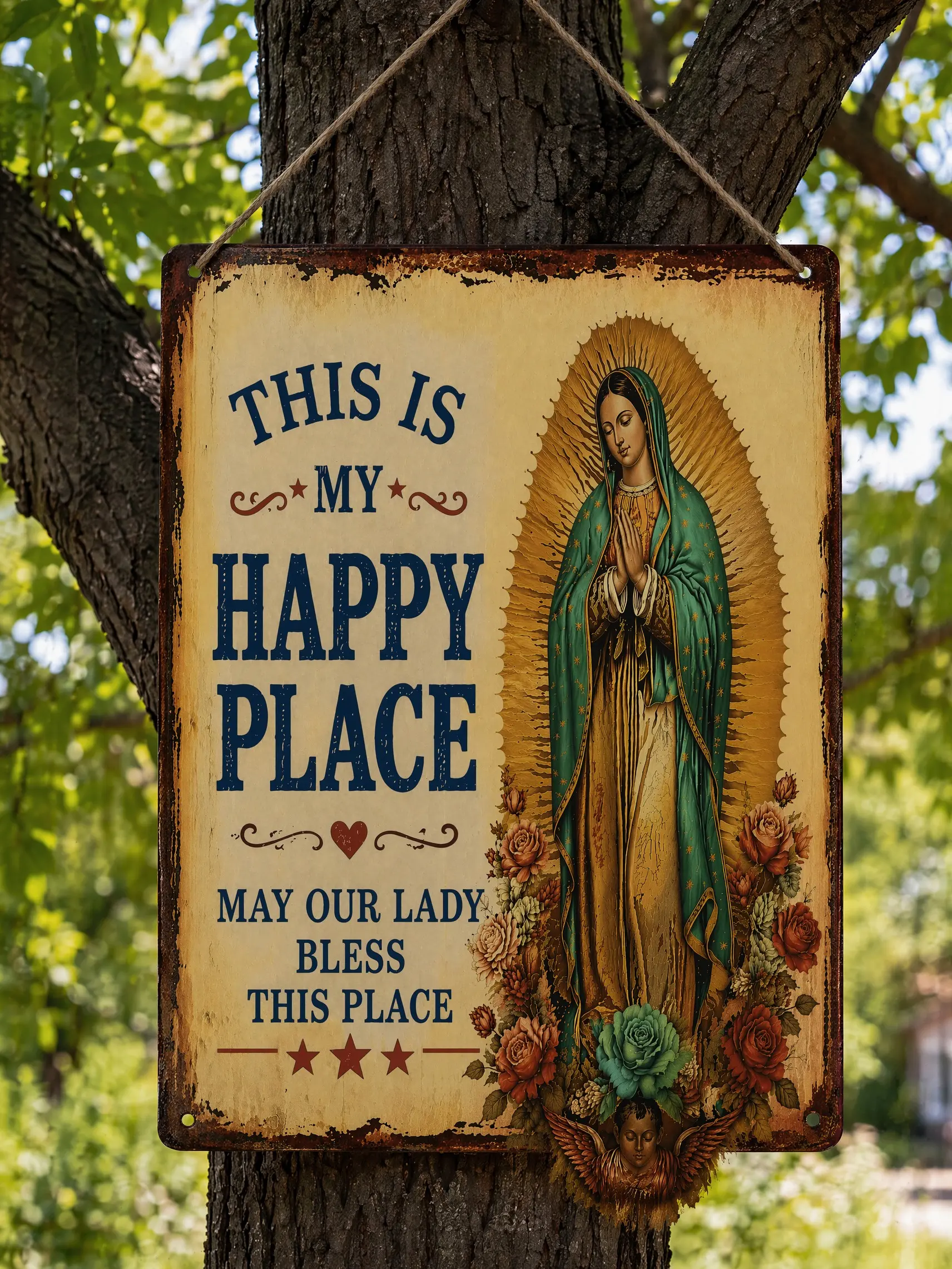This Is My Happy Place MAY OUR LADY BLESS THIS PLACE Metal Sign, 8x12 Inch Aluminum Wall Decor,Vintage Distressed Our Lady of Guadalupe Metal Tin Sign, , May Our Lady Bless This Place Catholic Religious Home Decor for Living Room Kitchen Garage Patio