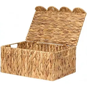 Wicker Basket with Scalloped Edge Lid, Hyacinth Basket with-in Handles, Handwoven Wicker Box for Living Room, 15" L x 11 ¼" W x 7" H (Hyacinth)