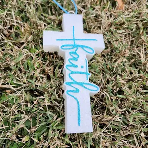 Faith Cross Scented Car Freshie with Blue Lettering Ideal for Car Decoration Enhance Your Vehicle's Aroma