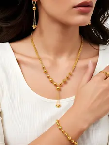 24k Gold Plated Jewelry Set, 4 Piece Vintage Tassel Round Pearl Copper Wedding Party Accessories, Includes Necklace Earrings Bracelet, Elegant Jewelry Set, Matching Jewelry Set