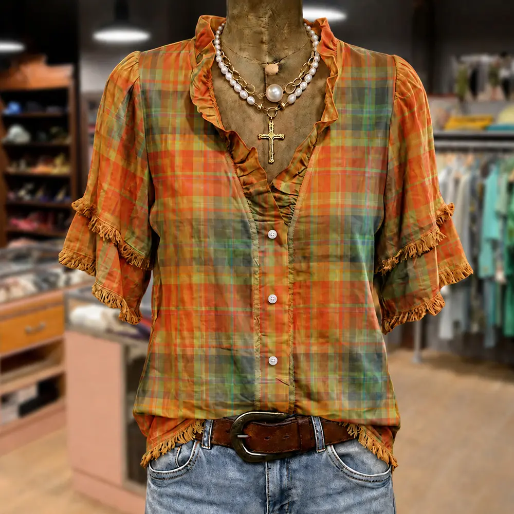 Cherrybetty Vintage Plaid Ruffle Neck Frayed Hem Top Casual Chic Fall Tops Cute Tops For Women Womenswear Outfit Inspo Going Out Tops