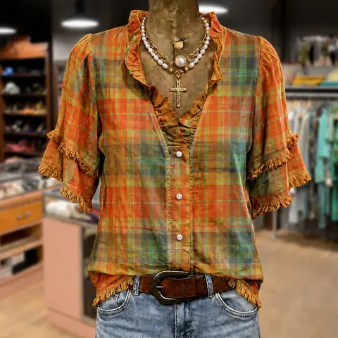 Cherrybetty Vintage Plaid Ruffle Neck Frayed Hem Top Casual Chic Fall Tops Cute Tops For Women Womenswear Outfit Inspo Going Out Tops
