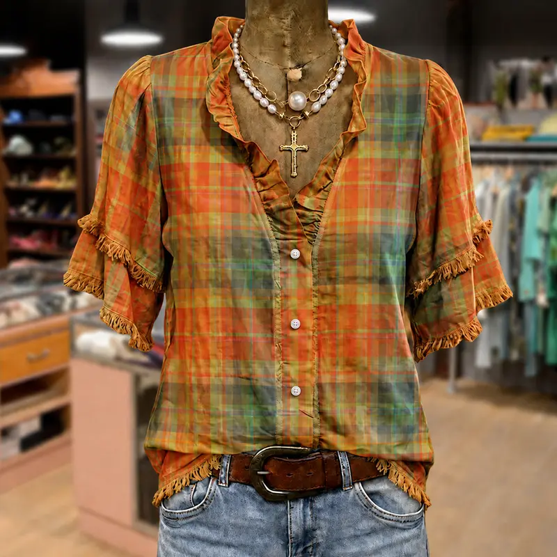 Cherrybetty Vintage Plaid Ruffle Neck Frayed Hem Top Casual Chic Fall Tops Cute Tops For Women Womenswear Outfit Inspo Going Out Tops