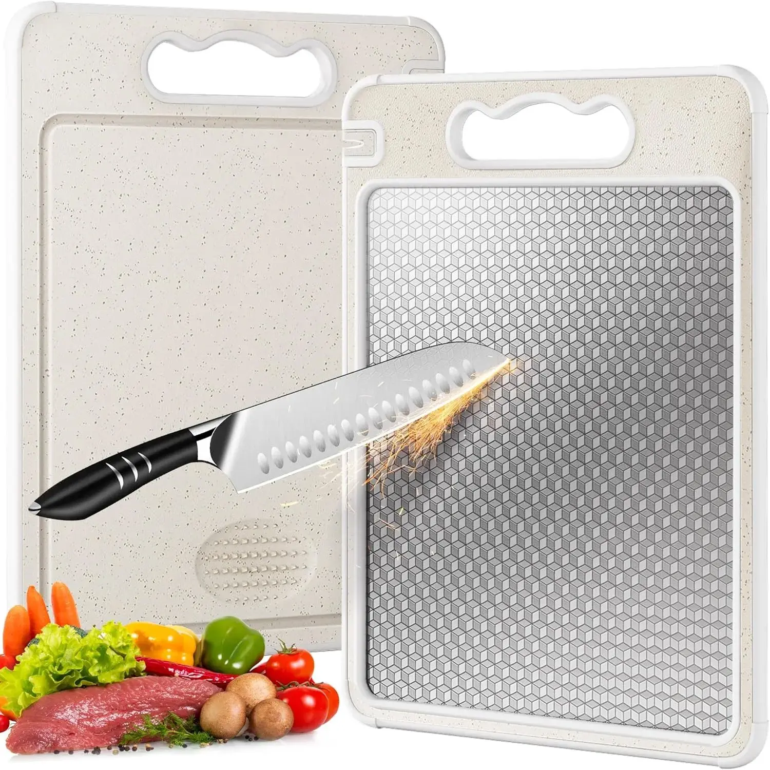 Dual-Side 304 Stainless Steel & Wheat Straw Rectangular Chopping Board, 14.4in*9.8in Non-Toxic Lightweight Grid Surface Mesh Texture Board, Separate Meat-Vegetable Handling, Dishwasher Safe, Scratch Resistant, Kitchen Use, 1.27 Lb