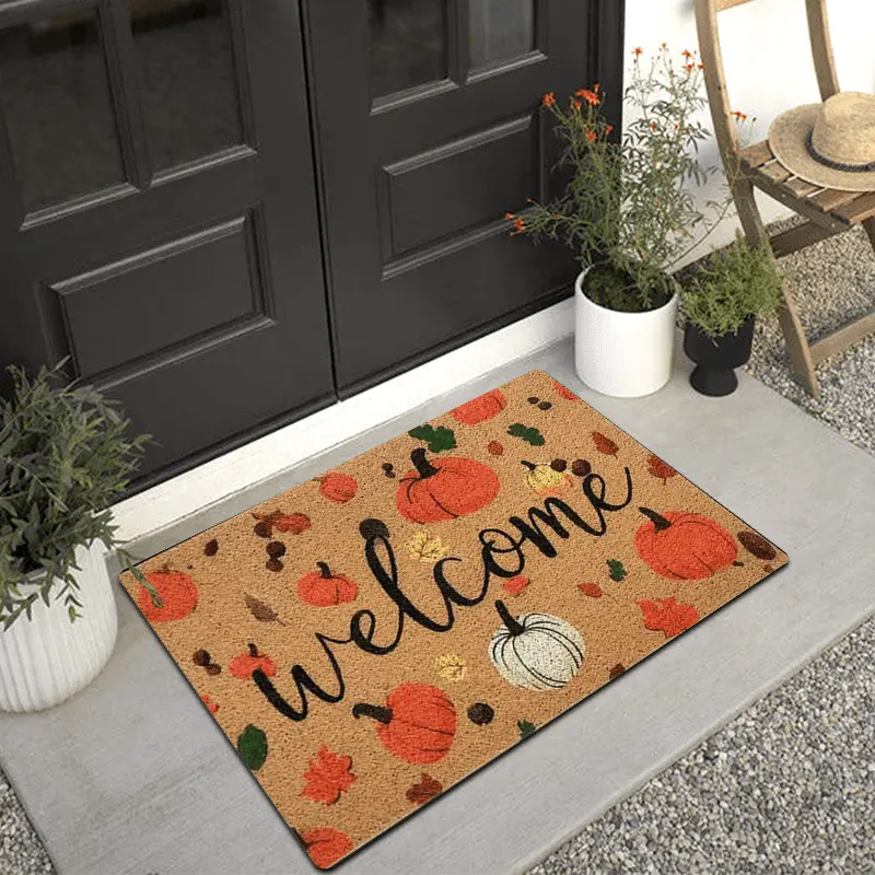 Welcome Pumpkin Maple Leaf Fall Doormat Cute Autumn Harvest Pattern Front Door Mat Non Slip Indoor Outdoor Entrance Rug Farmhouse Thanksgiving Home Decor