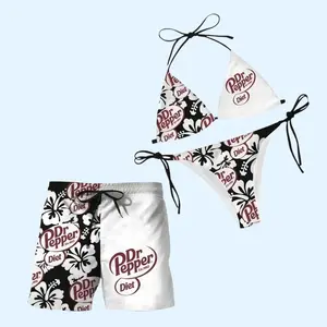 Black Dr Pepper Floral Swimwear Set Featuring Iconic Beverage Graphics, Adjustable Triangle Bikini Top, and Coordinating Split-Design