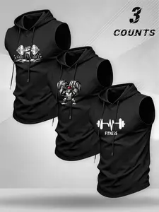 3-Pack American Fitness Dumbbell Print Hooded Sleeveless Tank Tops, Quick-Dry Breathable Gym Training Wear, Men's Workout Shirts