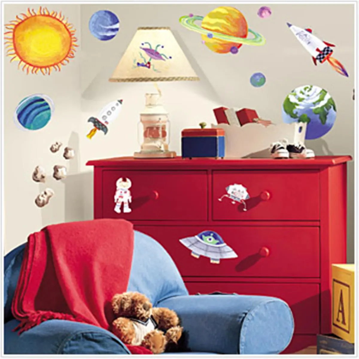 212 MAIN 35-Piece Outer Space Peel & Stick Appliques Set - Galaxy Rocket, Funky Aliens Wall Mural Stickers for Office, Commercial Furniture Decor