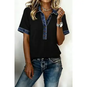 Black Waffle Knit Denim Contrast Trim Patchwork Button Polo Collar Top