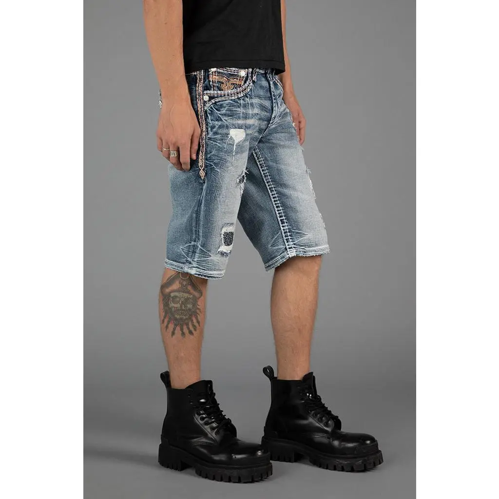 Rock Revival Baxter Men's Mid-Rise Stretch Denim Shorts, Featuring Signature Fleur-de-Lis Embroidery and Leather Patch, Leather Accent, Casual, Medium Wash, Menswear