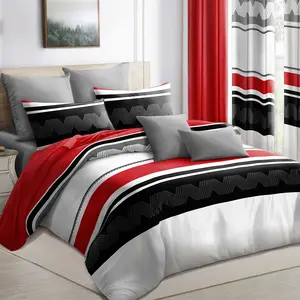 Red Black Stripes 9-Piece All-in-One Bedspread Collection with Curtains & Pillowcases Silky Smooth Microfiber Ultra Soft Machine Washable Fits Queen King Cal King | Valentine's Day Gift