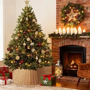 27in Natural Rattan Christmas Tree Collar, Handwoven Wicker Base Cover for 6-9ft Artificial Trees, Foldable 4-Panel Skirt Stand Cover