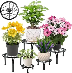 RETON 5 Pack Metal Plant Stands, Black Plant Stand Indoor Outdoor, Heavy Duty Flower Pot Stands for Multiple Plant, Rustproof Iron Round Plant Shelf for Planter, Potted Plant Holder for Home Garden