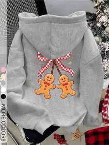 Women's Grey Christmas Hoodie with Back Gingerbread Men Print and Plaid Bow, Soft Fleece Pullover for Holiday Parties and Casual Winter Wear
