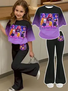Teenage Girls' K-Pop Superstar Print Short Sleeve T-Shirt & Pants Set, Summer Casual Loose-Fitting, Perfect for Daily Wear