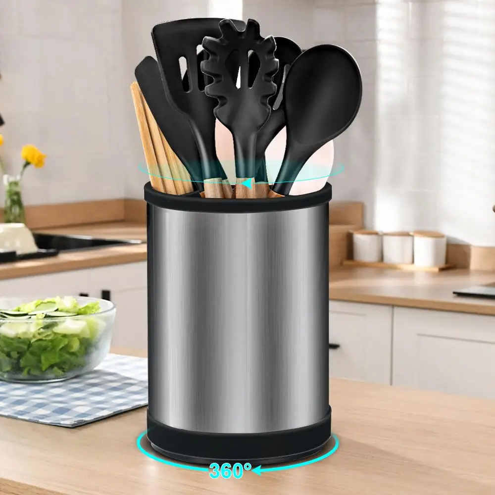 360 Degree Rotatable Kitchen Utensil Holder, 1 Count Stainless Steel Round Cutlery Rack, Kitchen Desktop Storage Box