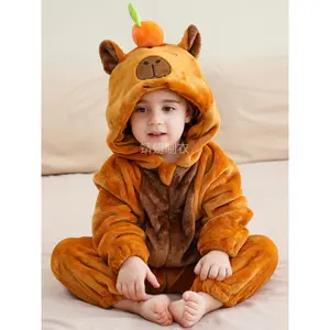 NewUnisex Soft Flannel Capybara Onesie for Babies & Toddlers, Cute Winter Pajamas, Thick Fabric, Animal Pattern, Cozy Sleepwear