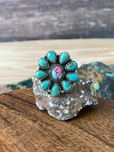 Handmade Sterling Silver Cotton Candy with Kingman Turquoise Adjustable Ring "Signed Nizhoni"