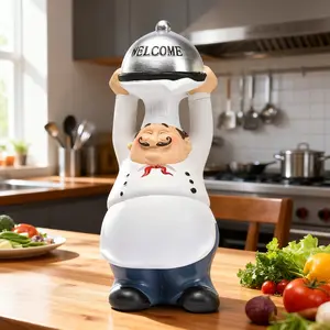 Bring Warm Welcome: Dynamic Bearded Chef Resin Statue with Engraved Silver Hat for Kitchen & Dining Decor
