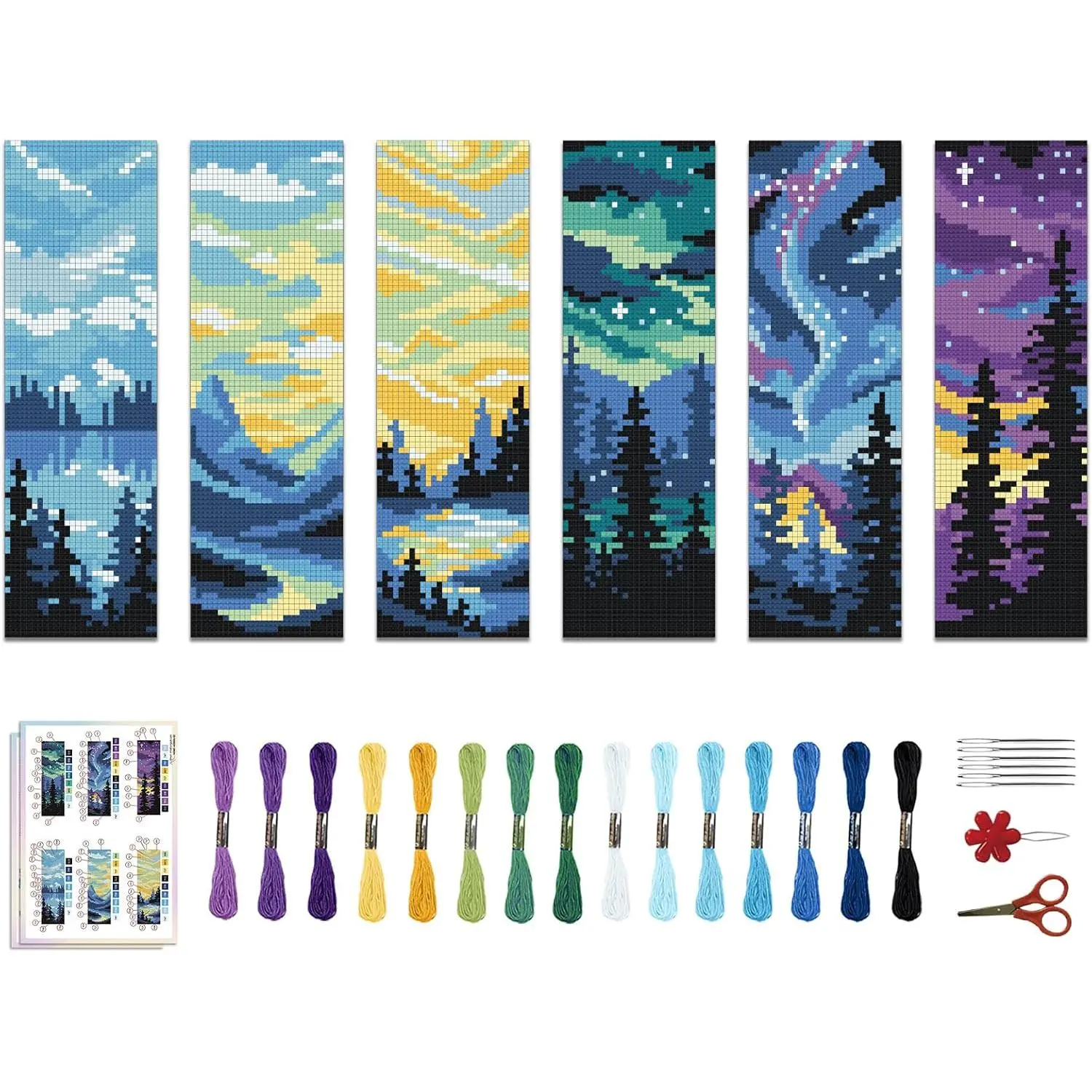 6PCS Cross Stitch Bookmark Kit for Adult Beginners Landscape Cross Stitch Kits DIY Crossstitch Kits Adult Stamped Bookmark Embroidery Bookmarks Kit with Instructions 8''x2.4'' 11CT