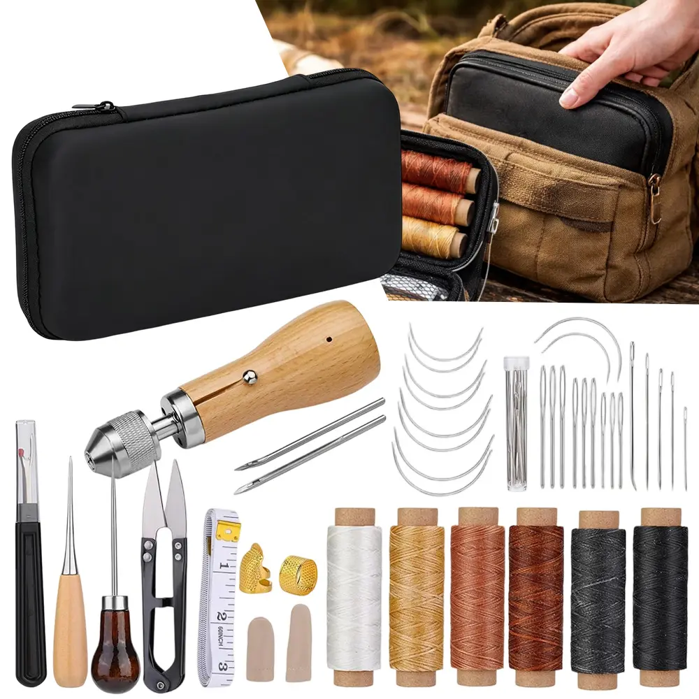 1 Set Compact Portable Sewing Awl Kit - Professional Speedy Stitcher with Waxed Thread, Multiple Needles (Straight & Bent), for Leather Repair DIY Craft Projects