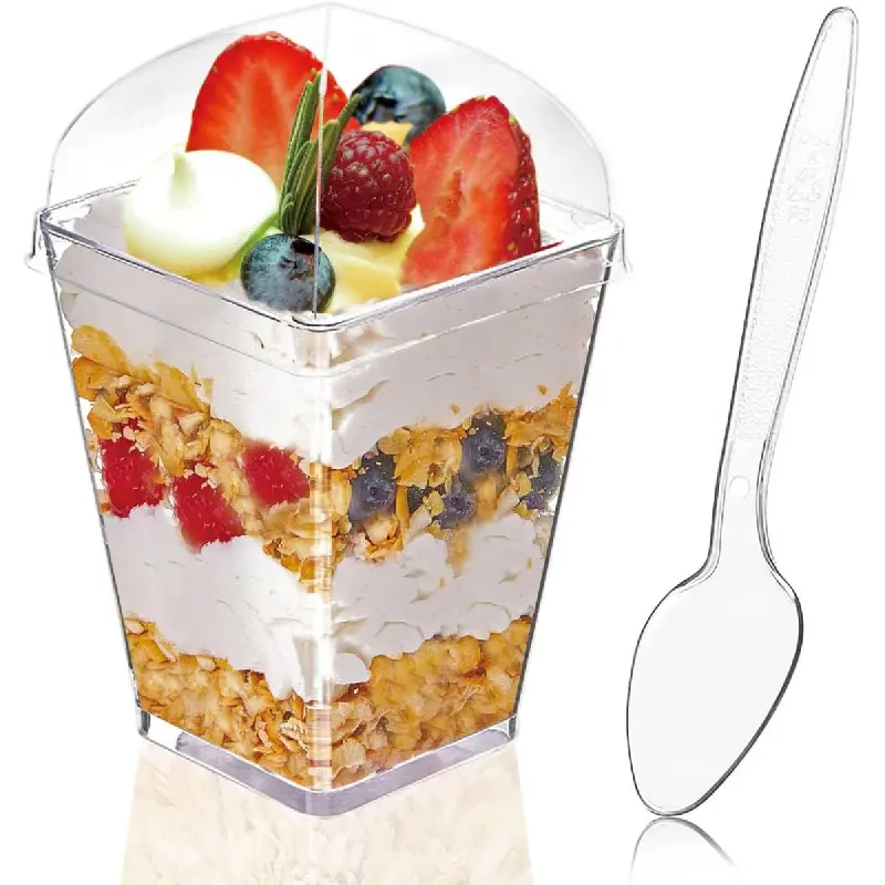 50Pack 5oz Clear Plastic Dessert Cups with Lids and Spoons, Reusable Square Parfait Appetizer Cups, Party Trifle Shooter Serving Cup, Mini Dessert Shot Glasses for Tasting