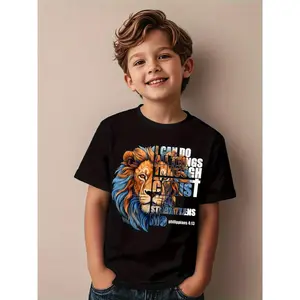 Ships within 24 hours. Children's Christian T-shirt: "I can do all things through Christ" - Faith Lion graphic print T-shirt, high-quality comfortable fabric, casual crew neck top suitable for boys and girls, faith-themed clothing with Bible verses.