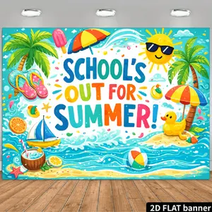 2D Summer Carnival Themed Polyester Backdrops & Banners - Featuring "School Is Out for the Summer" Text, Glasses-Wearing Sun, Coconut Trees, Colorful Pennants, Sailboat, Surfboard, Beach Ball, Watermelon - Ideal for Birthday Parties