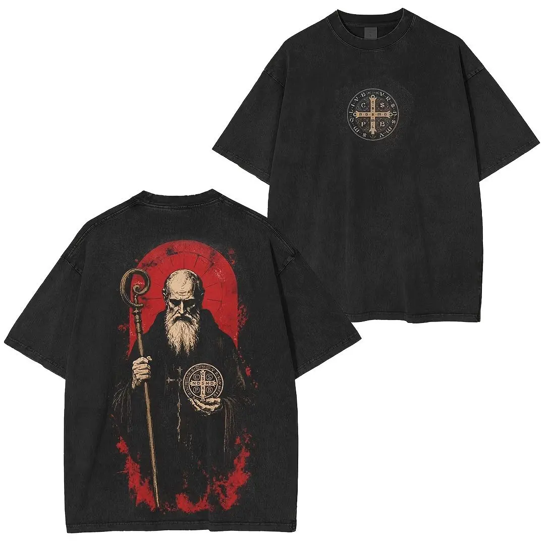 Men's Saint Benedict Guardian Art Vintage Washed Short-Sleeve T-Shirt - Round Neck, Relaxed Fit, Washed Print, Front Graphic, Classic Casual Streetwear, Personalized Menswear Top
