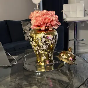 Porcelain Vase - Gold Decorative Vase with Floral Design for Home Decor